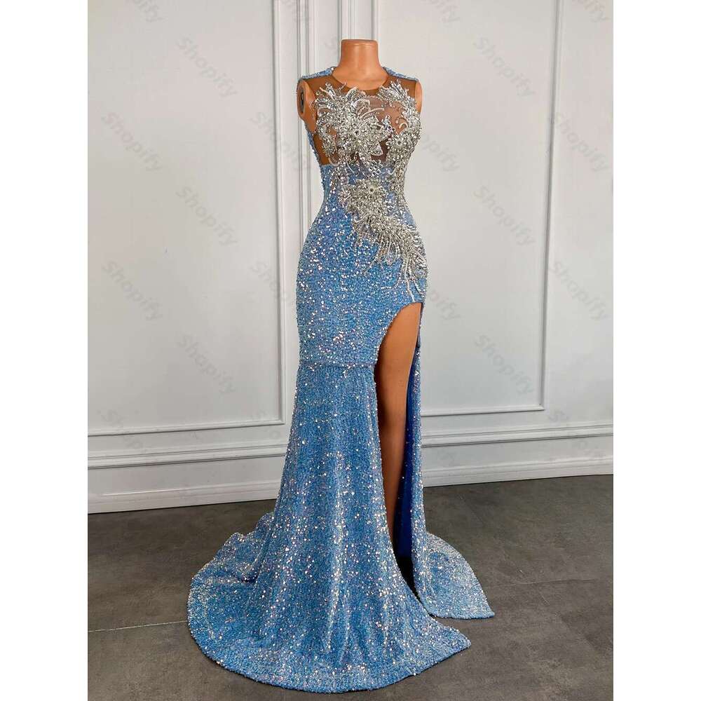 Light Blue Sequin Long Dress 2025 With Slit Sparkly Beaded Crystal Black Girl Mermaid Style Prom Gowns Customized Dr0318