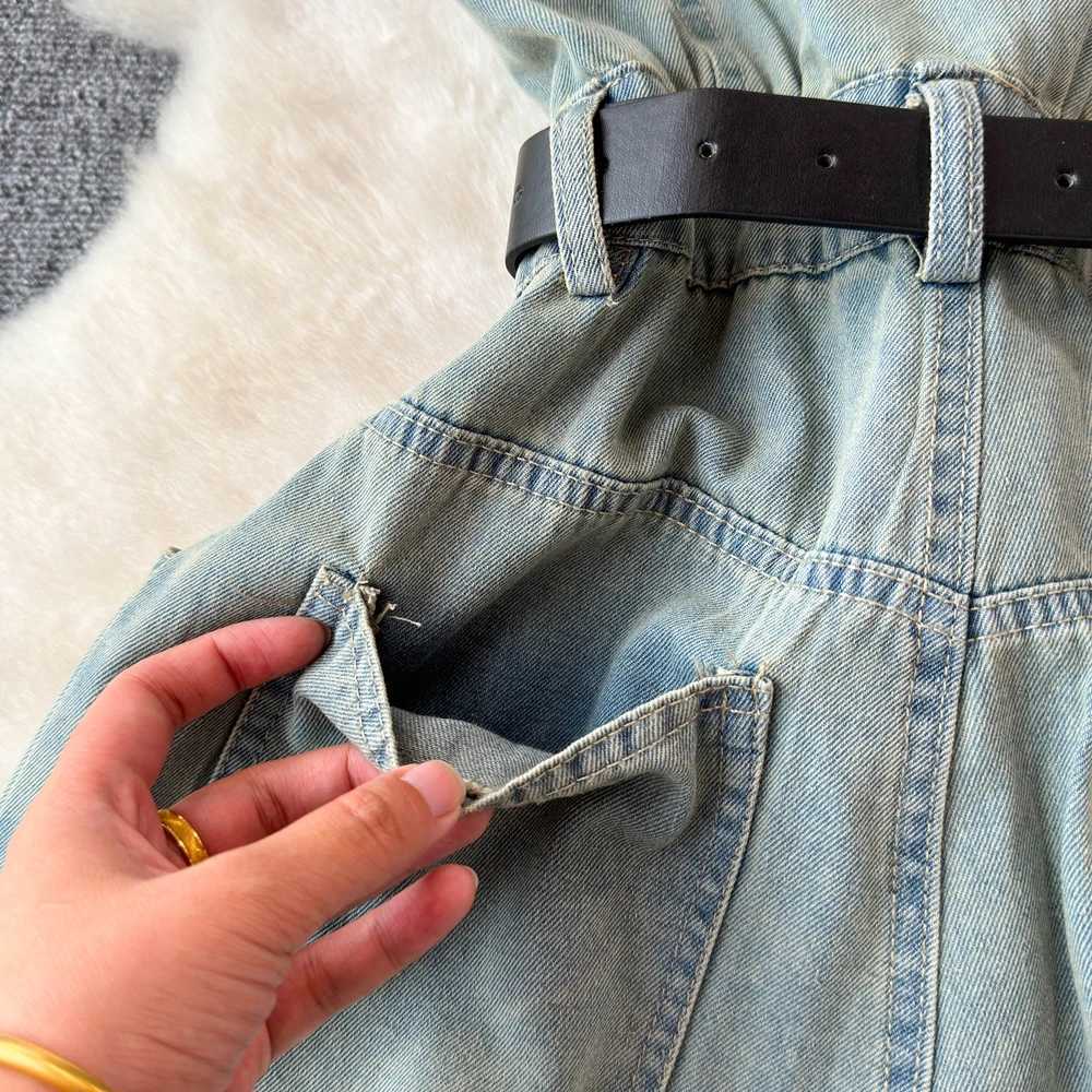 Womens denim jumpsuit tight fitting single chest casual high waist summer button up lapel wide leg jumpsuit X250318