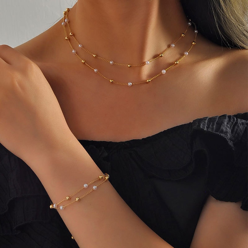 Double Bead Chain Necklace Women's Metal Ball Imitation Pearl Chain Multi-layer Choker Collarbone Chain Jewelry