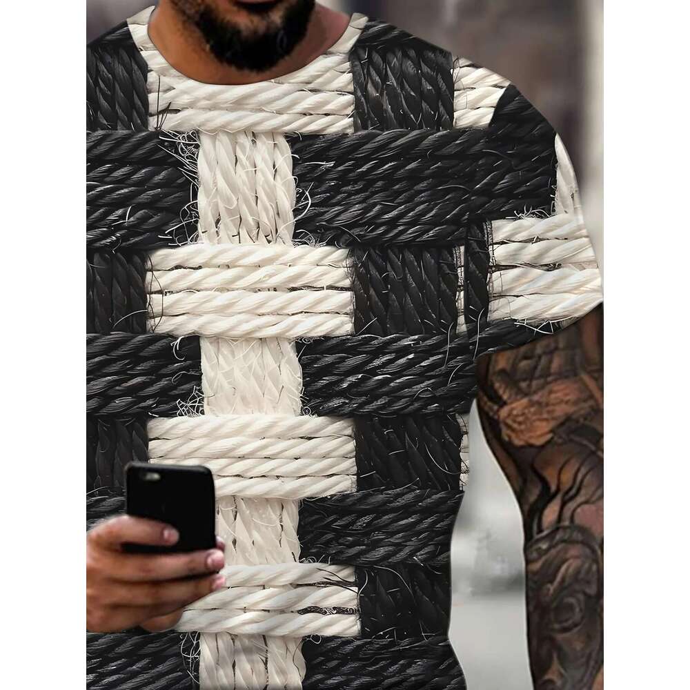 Men's 3D printed striped T-shirt, round neck, short sleeved top, sporty style, summer fashion trend, big