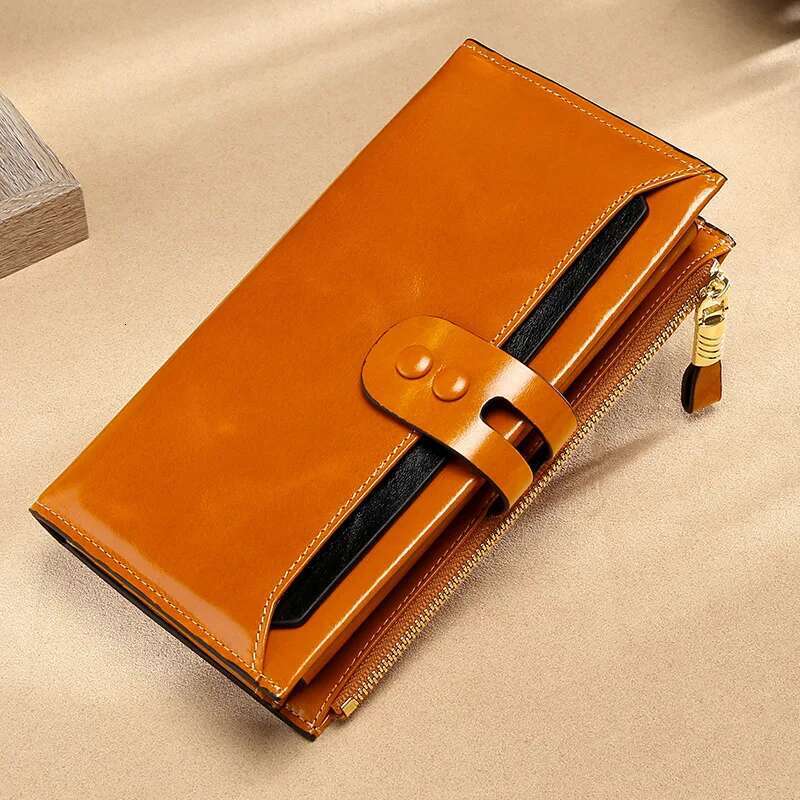RFID Blocking Genuine Women Long Lady Brand Design Oil Wax Leather Female Wallet Coin Purse
