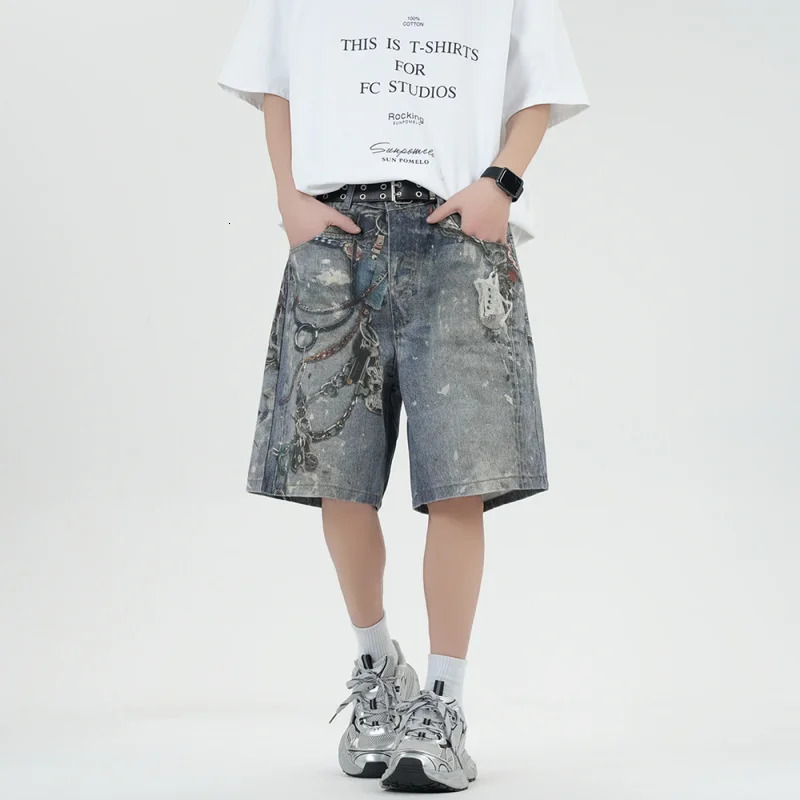 Mens Distressed Denim Shorts with Metal Chain Print Relaxing High Street Suitable for Retro Laundry City Clothing Jeans 250317