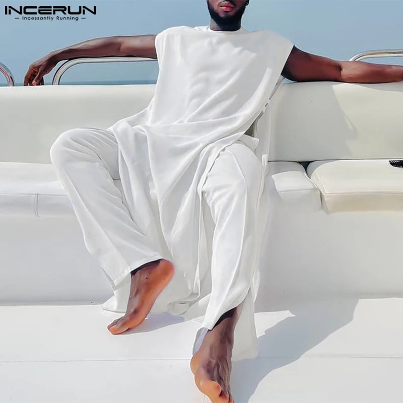 INCERUN Muslim Saudi Arabia Solid O-neck Sleeveless Kaftan Jubba Thobe Pants 2PCS Islamic Mens Clothing 250314