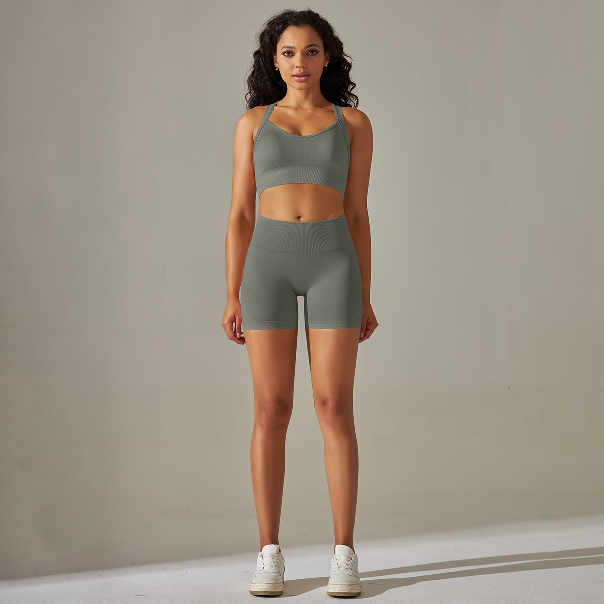 tracksuit Seamless solid color cross back sports bra yoga suit running fitness shorts two-piece set leggings