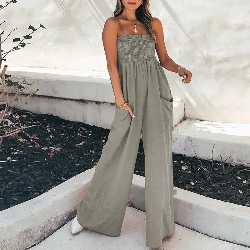 Womens Jumpsuit Suspender Straps Pleated High Waist Wide-leg Pocket Fashion High Street One Piece Pants Set 250314