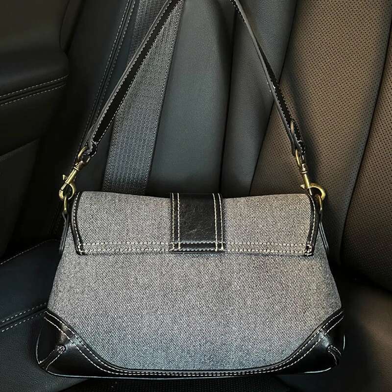 Denim Handbags For Women Design Canvas Splicing Pattern Handbag 2024 Fashion Trend Envelope Underarm Bag