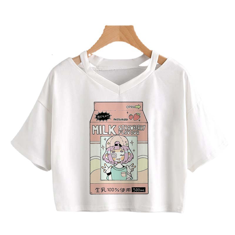 AA Style Off Shoulder Hollow Sexy Solid Color T-Shirt V-Neck Short Sleeved Loose Women's Top
