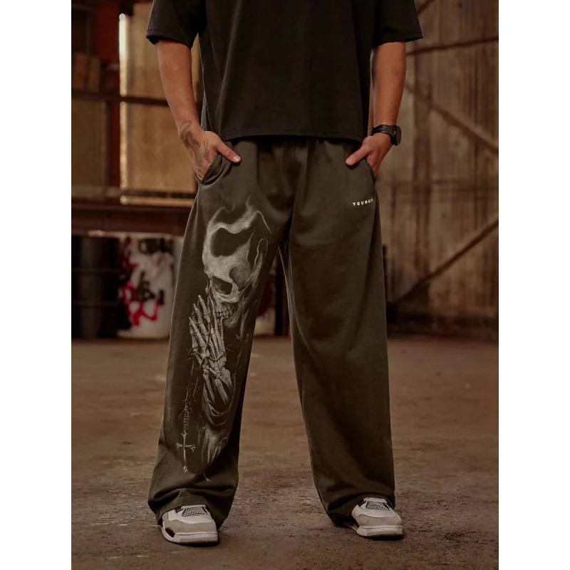 2025 Mens Fitness Pants American Street Retro Hip Hop Style Trendy Printed Casual 250311