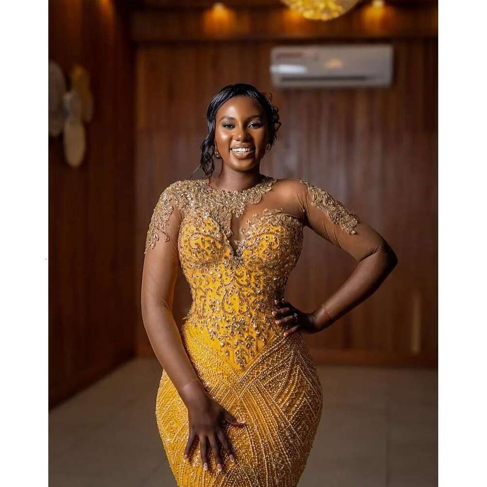Dresses Gold Sequin Elegant Full Prom Dress Illusions Applique Sleeves Mermaid Gorgeous Evening Gowns Beaded Dr0318