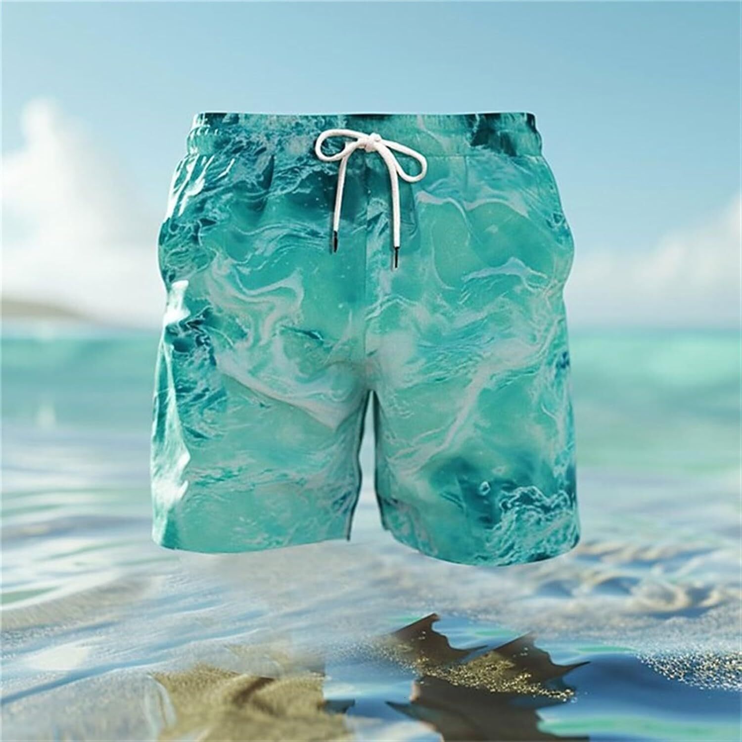 Men's Tie-Dye Print Waist Shorts Elastic Drawstring Short Pants Oversized Pant Summer Casual Beach Seaside Short with Pockets