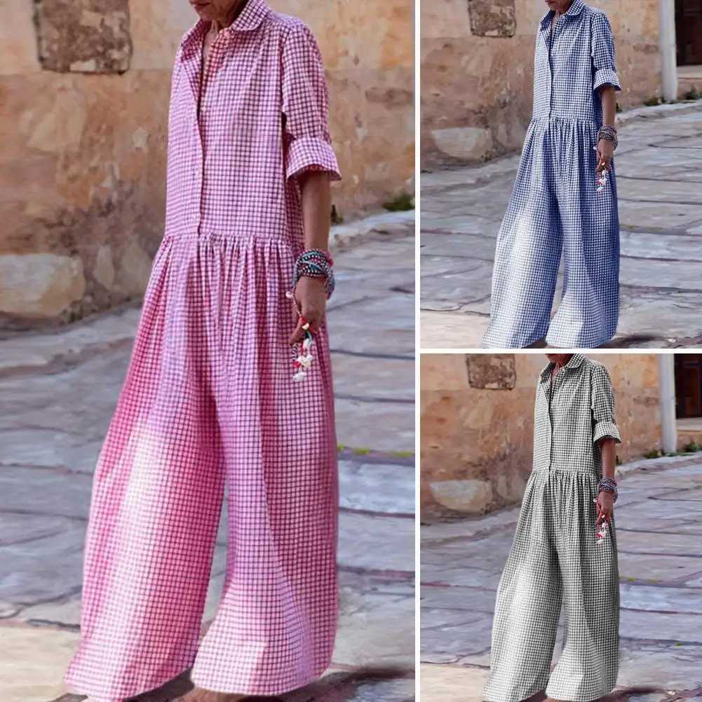 Soft Jumpsuit Stylish Check Print Womens Jumpsuit with Long Slves Wide Legs Casual Loose Fit for A Fashionable Look Elastic X250318