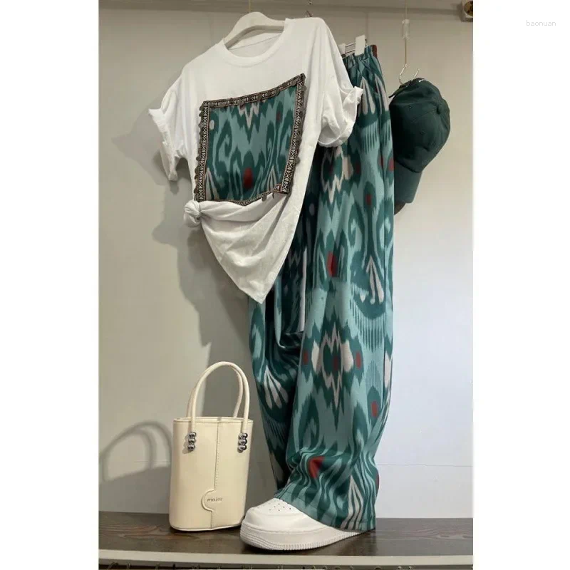 Womens Tracksuits Summer Two Piece Set 2025 Women Clothing Print Short Sleeve Tshirts High Waist Chiffon Wide Leg Pants Outfits Casual