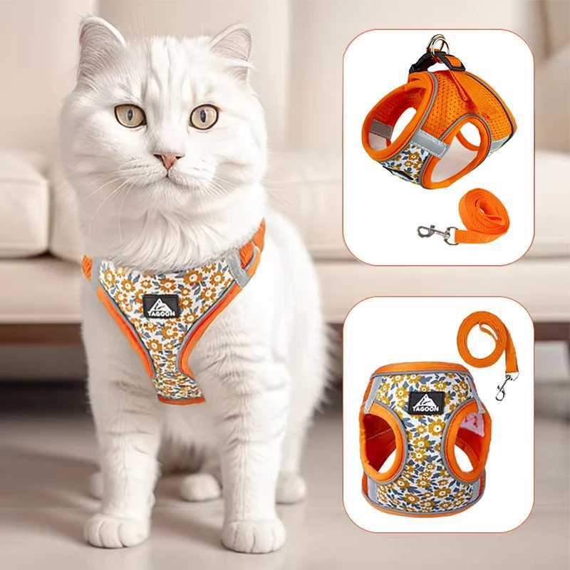 Floral Pet Harness and Leash Set for Cats Small Dogs Reflective Harness Anti Escape Mesh Cat Chest Strap Pet Walking SuppliesT250318