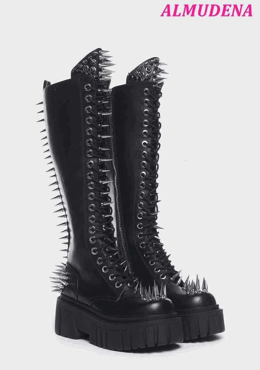 Black Spiked Studs Knee High Women Leather Lace Up Platform Flat Punk Long Boots 2024 New Big Size Designer Shoes