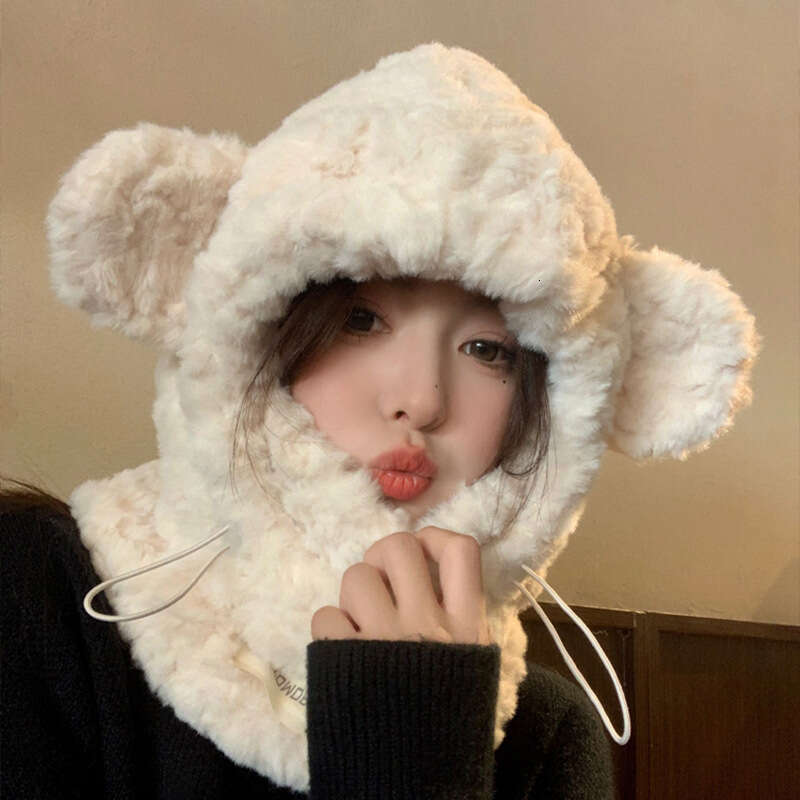 Thickened teddy bear scarf, mask, one-piece plush women's autumn winter Korean version, warm ear hat, cycg and cold protection