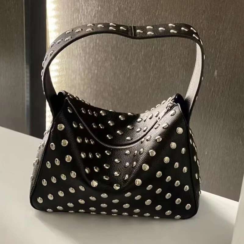 Moto & Biker Rivet Decorate Black Bags For Women Designer Handbag Purses 2024 New Fashion Underarm Wide Shoulder Straps