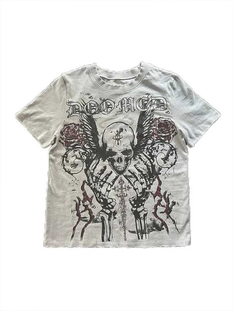 Retro skull large pattern short sleeved T-shirt street dark punk Y2k 90s Harajuku round neck oversized loose topXJ250318