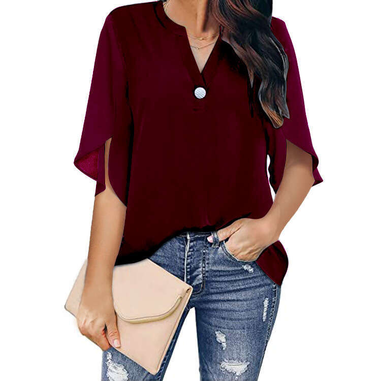 Women's short sleeved elegant casual solid color V-neck chiffon shirt for women 2024 new model