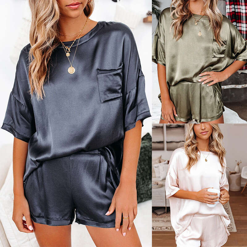 European and American Solid Color Chiffon Pamas Home Clothes Short Sleeve Shorts Loose Casual Two Piece Set 2025 Versatile Style New Trendy Clothing I