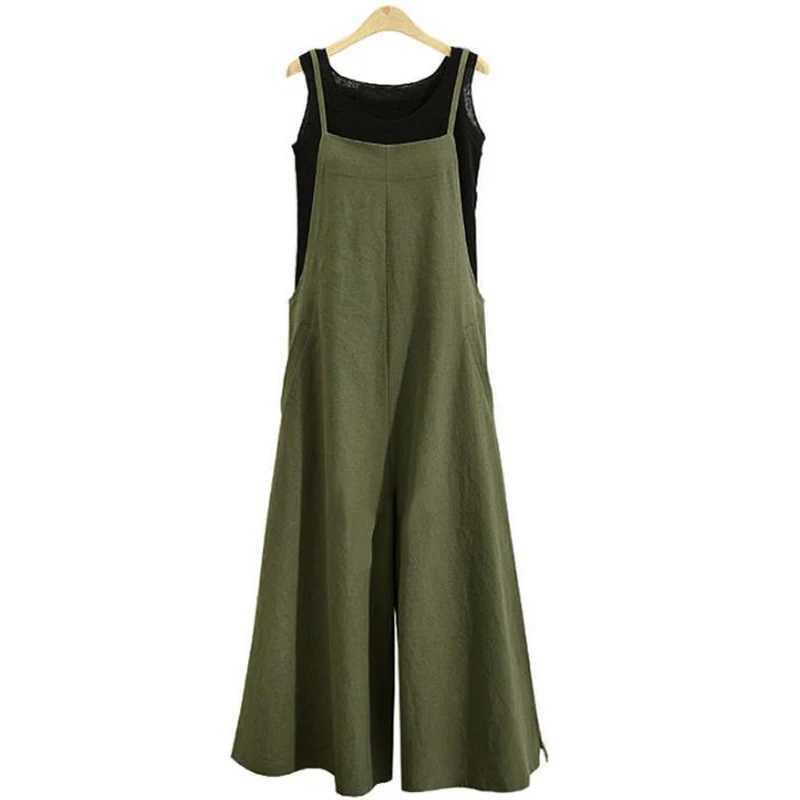 Womens shoulder strap jumpsuit summer solid color wide leg pants Dungar bib cover casual loose cotton linen jumpsuit 5XL X250318