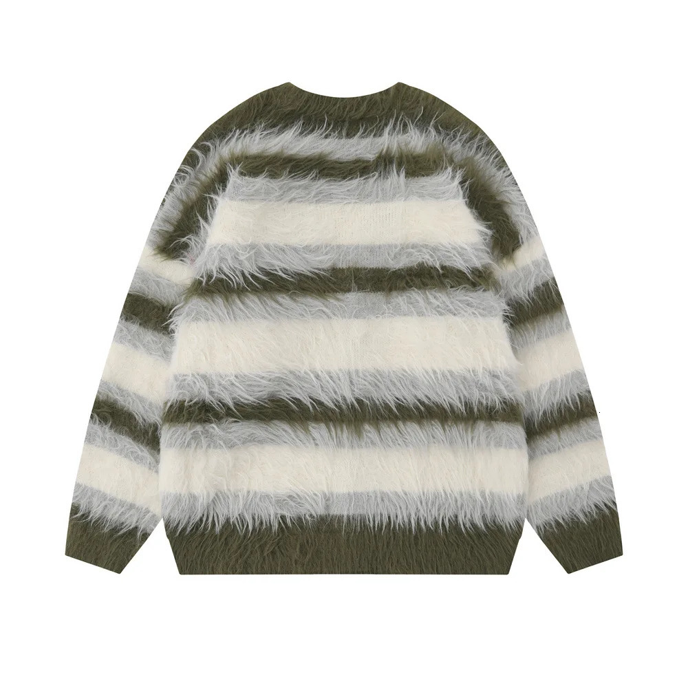 Striped Plush V-neck Sweater Mens Loose Casual Brushed Knit Trendy Couple Versatile Comfortable Harajuku High Street Cardigan 250318