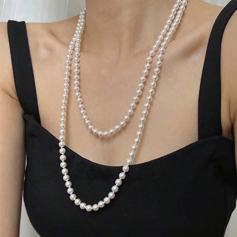 8mm Imitation Pearl Long Necklace Women's Fashion Multi-layered Sweater Chain Jewelry