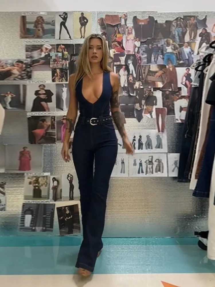 Womens Y2K denim jumpsuit with Dp V-neck zipper 2025 stretch slimming waist jumpsuit spring/summer high T-shirt sexy dress X250318