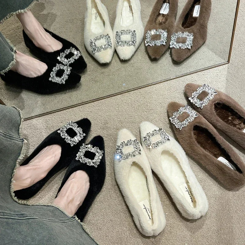 Winter Fur Flats Shoes Woman Crystal Pointed Toe Slip on Ladies Flat Shoes Female Sexy Boat Shoes Mocasines er 250318