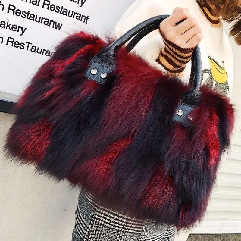 Fox Winter Women Fluffy Handbag Real Fur Female Shoulder Crossbody Evening Party Handbags Large Lady Clutch Bag