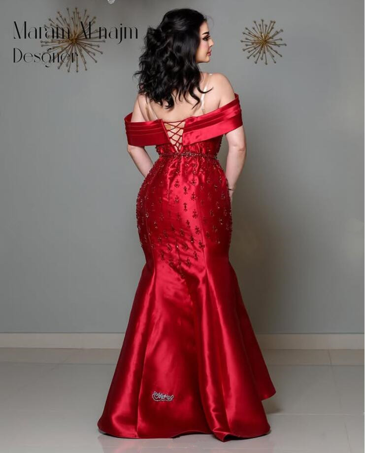 Burgundy Long Mermaid Prom Dresses Off Shoulder Crystal Lace-up Jersey Customsized Saudi Arabic Bride Wear Evening Formal Gown