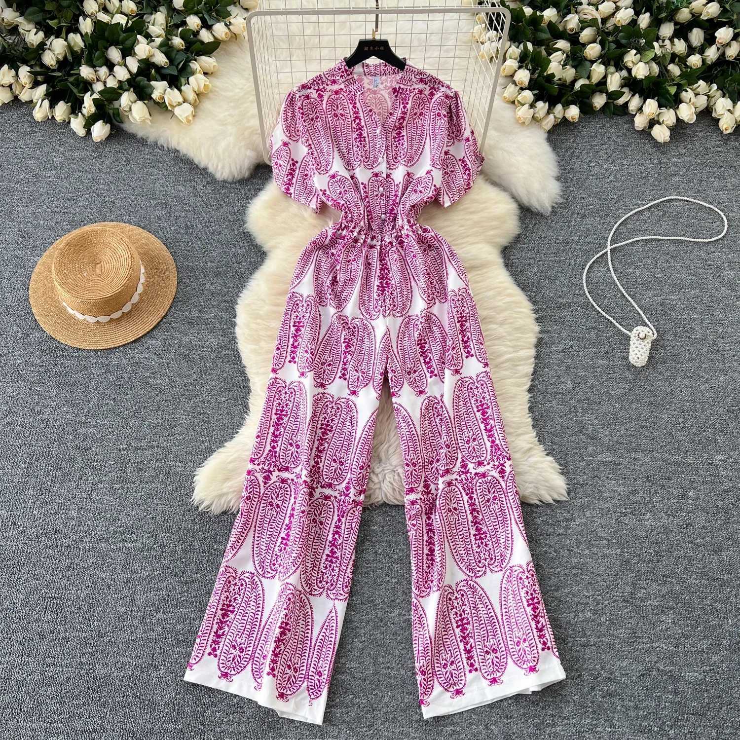 2024 New Summer Women V-Neck Puff Slve Bottons Slim Jumpsuits High Quty Retro Print Wide Leg Long Pants Pleated Jumpsuits X250318