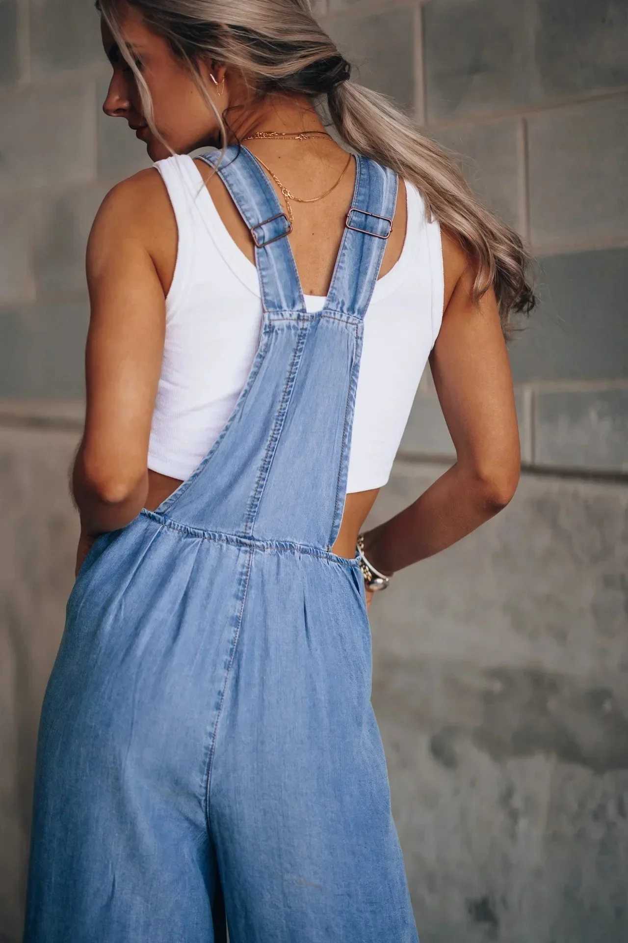 Womens pocket wide leg jumpsuit pendant denim high waisted neck daily strapless summer Y2k Maxi Strtwear X250318