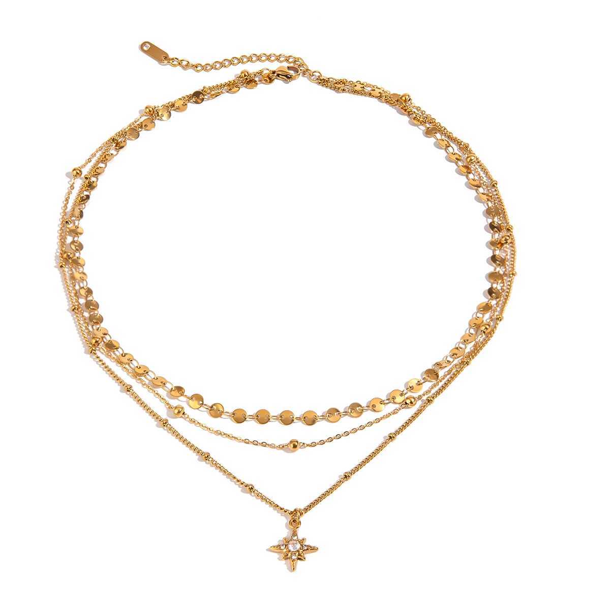 Youthway Diamond Star Layered Chain Pendant Necklace for Womens Stainless Steel Gold Metal Waterproof Texture Necklace Jewelry W250318