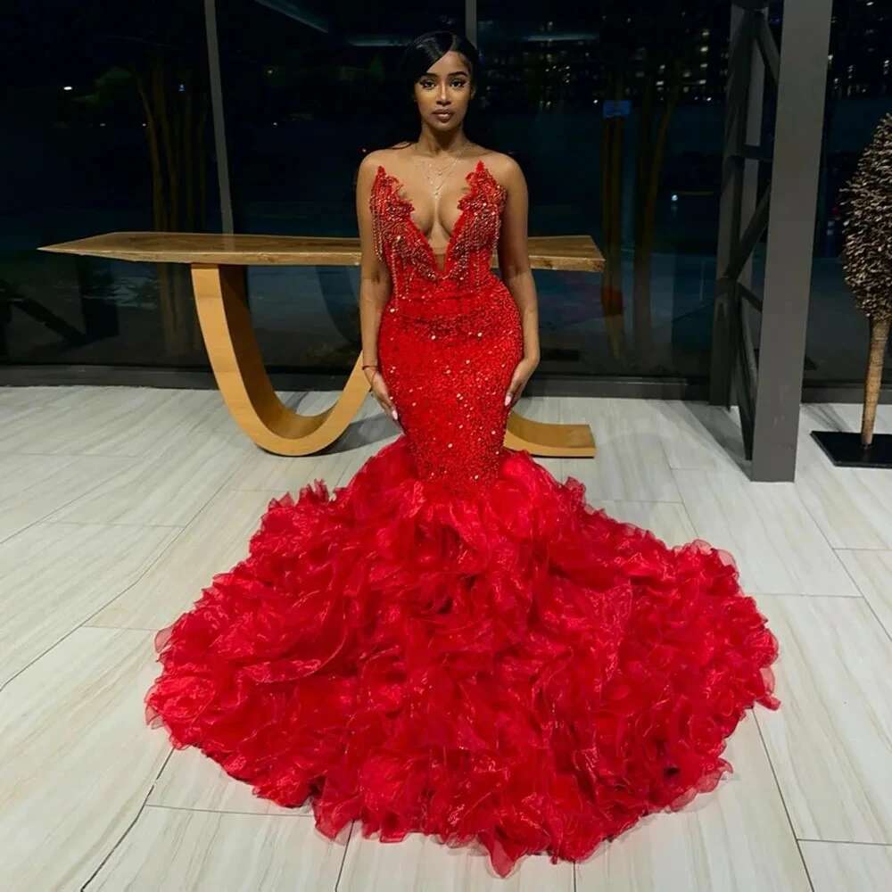 Gorgeous Dresses Beading Red Handmade Off Shoulder Corset Lace Up Aso Ebi Prom Party Dress V Neck Ruffled Dr0318