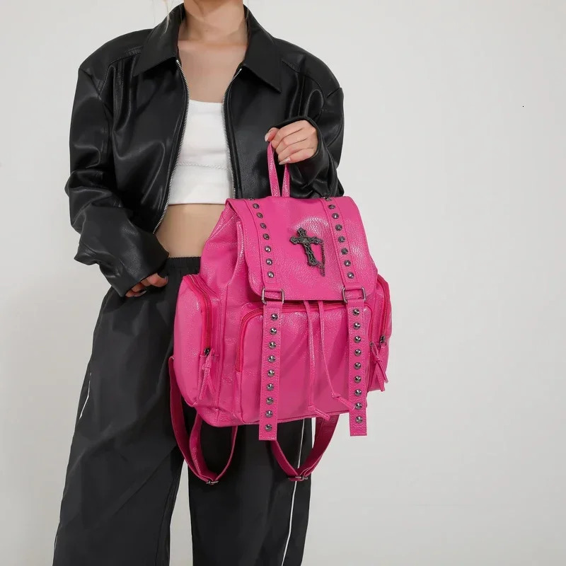 Rivet Y2K Backpack Women Gothic Punk PU Leather Shoulder Bag Ladies Vintage Harajuku Backpacks College Large Capacity School Bag 250318
