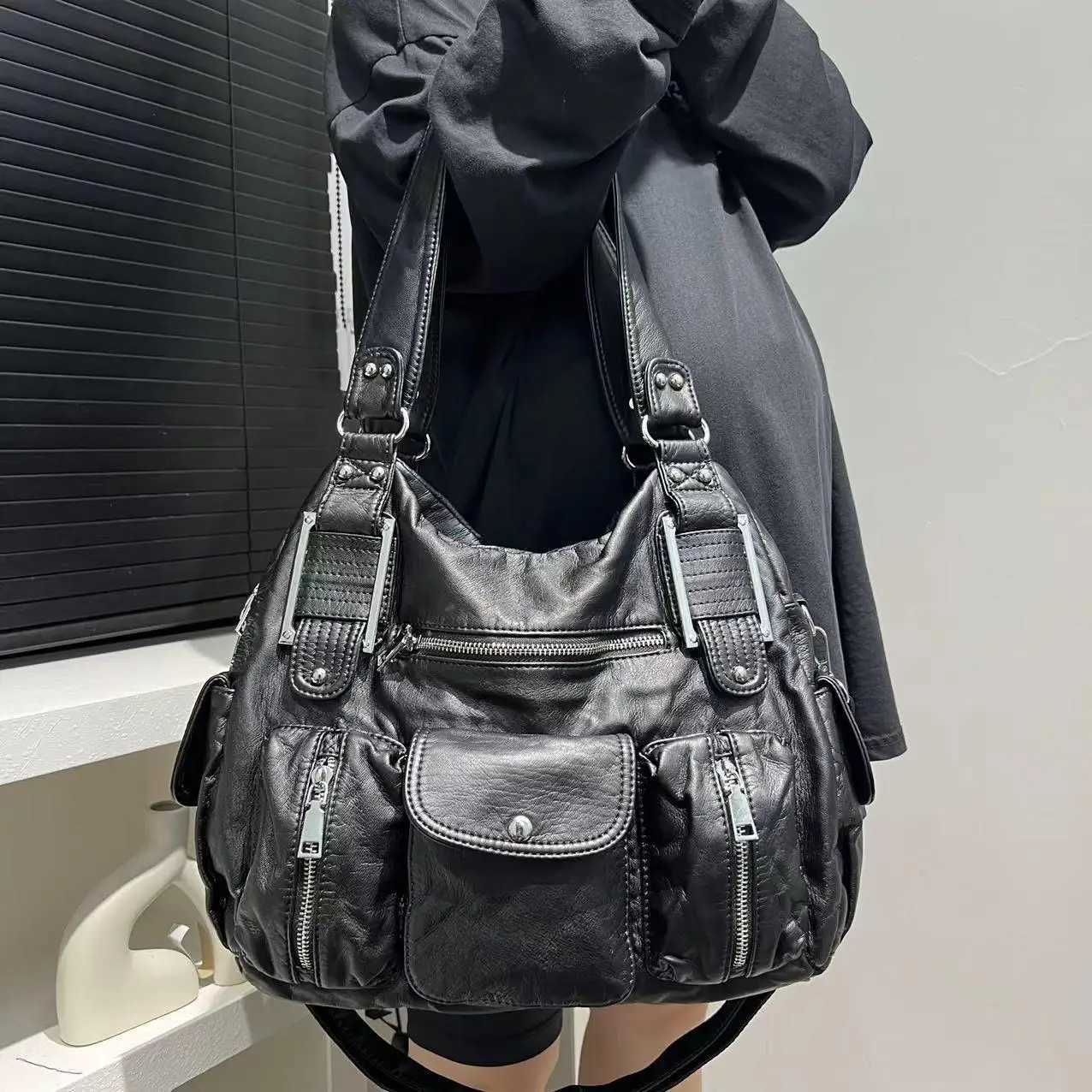 Fi Y2K Hot Girl Motorcycle Bag with Litchi Pattern Mti Pocket Sole Cross body Bag Y250318