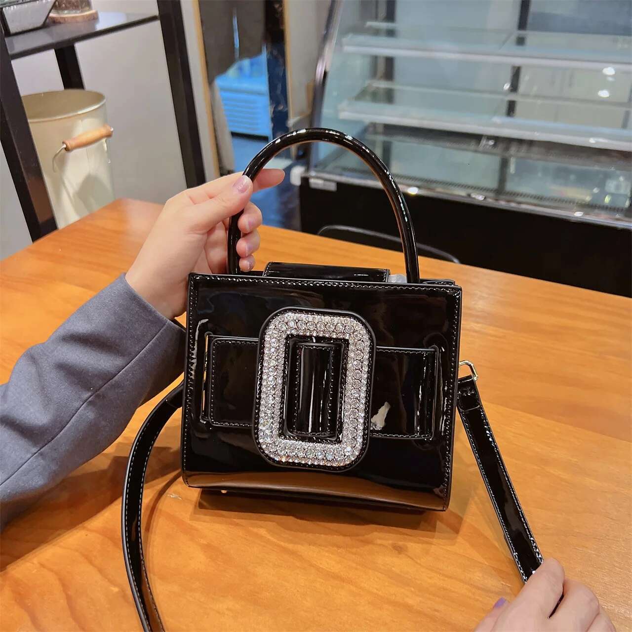 Designer Patent Leather Square Women's Handbag Rhie Dia Buckle Purse Evening Shoulder Crossbody Bag
