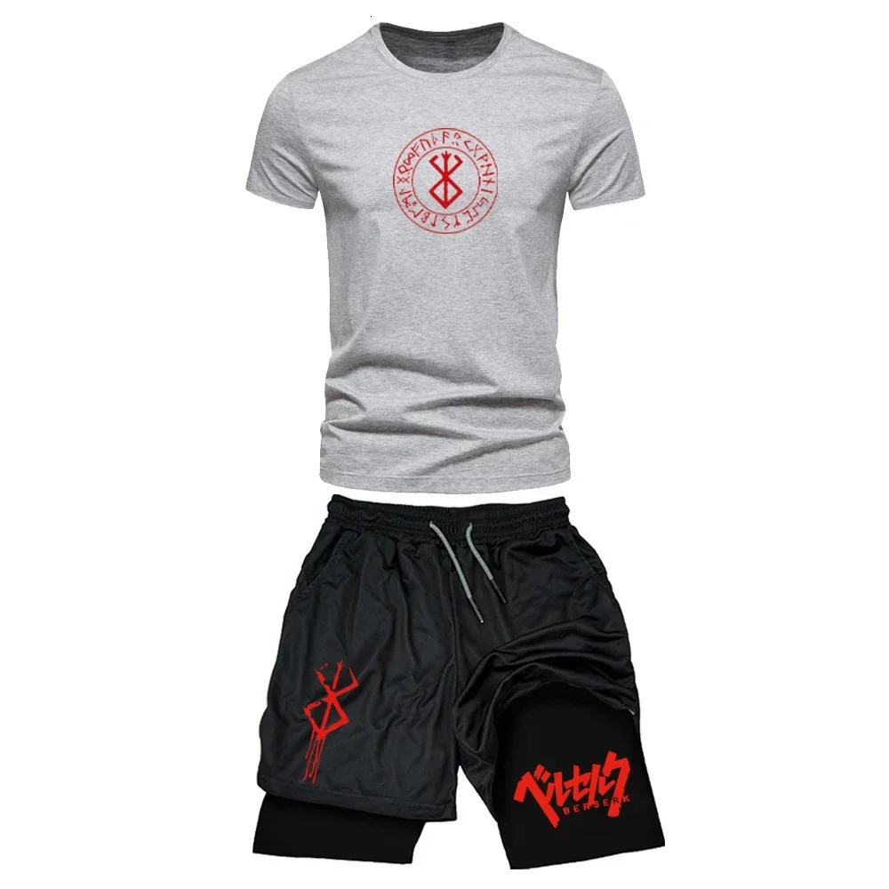 Mens Sports Streetwear Summer Breathable Casual T-shirt Set Outdoor Fitness 2-in-1 Compression Shorts Workout Track Clothes 250318