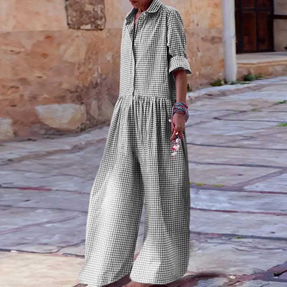 Soft Jumpsuit Stylish Check Print Womens Jumpsuit with Long Slves Wide Legs Casual Loose Fit for A Fashionable Look Elastic X250318
