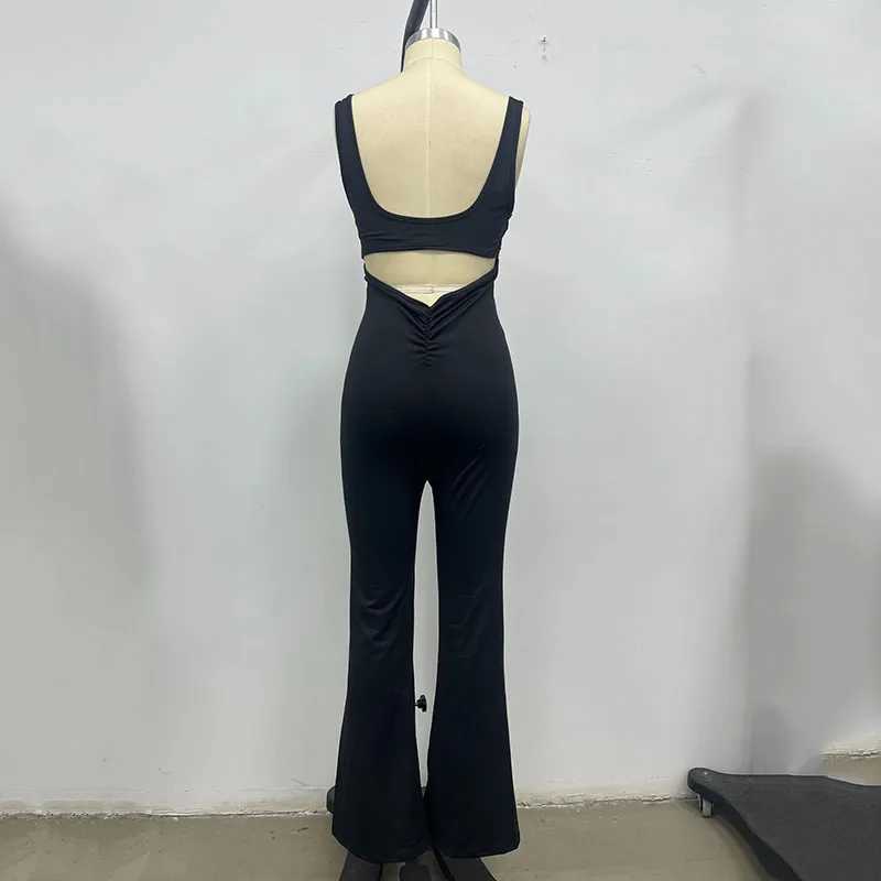 Womens sexy tight fitting jumpsuit solid color hollow backless strapless womens stretch training lift hip tight fitting garment X250318