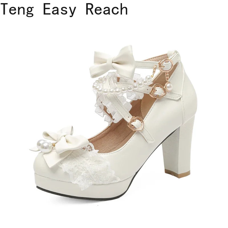Cross Strap Women High Heels Mary Jane Pumps Party Wedding Cosplay White Pink Black Strawberry Bow Princess Cosplay Lolita Shoes 250318