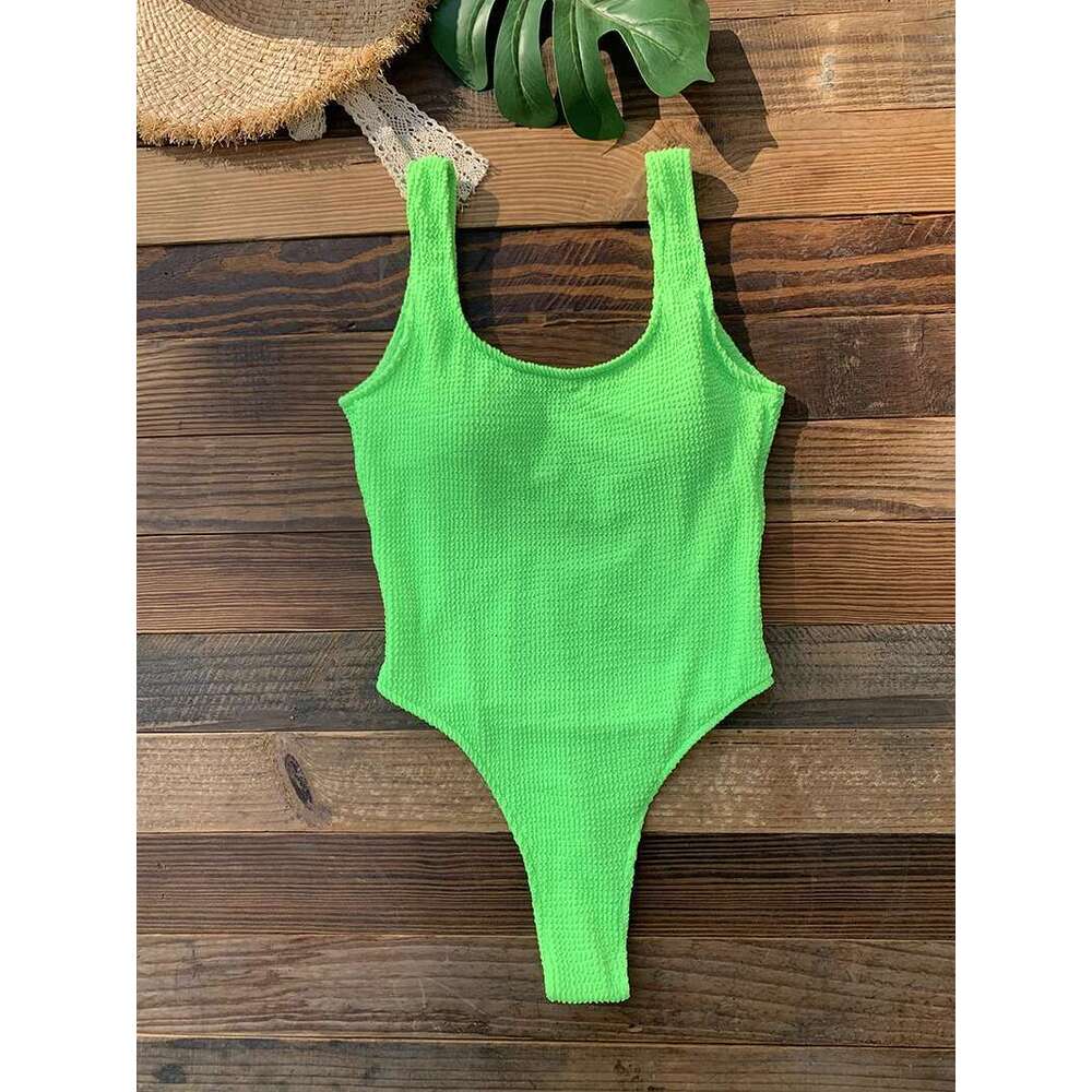 Women's one-piece swimsuit, ribbed, monokini, solid color, neon green, beachwear, new collection, 2024
