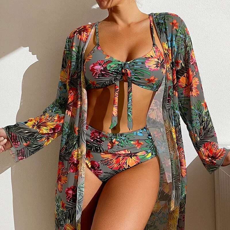 Sexy women's beach bikini three piece bikini set, covered swimsuit, high waisted bikini set, women's swimsuit print