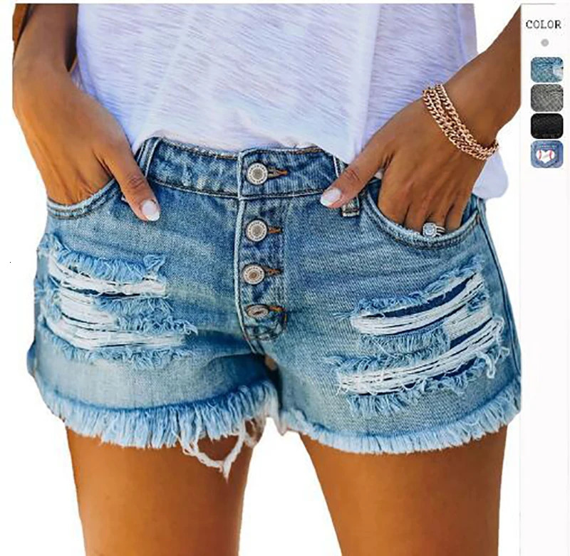 Fitshinling Button Up Tassel Jeans Shorts Women Clothing 2025 Casual Slim Blue Ripped Denim Shorts Female Vintage Short Pants 250318