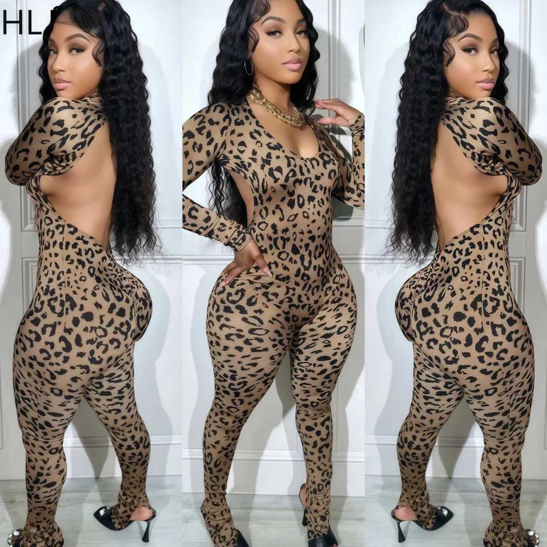 HLJ sexy backless lace Up Leopard Bodycon jumpsuit womens O-neck long Sleve leggings one-piece Playsuits fashion set X250318