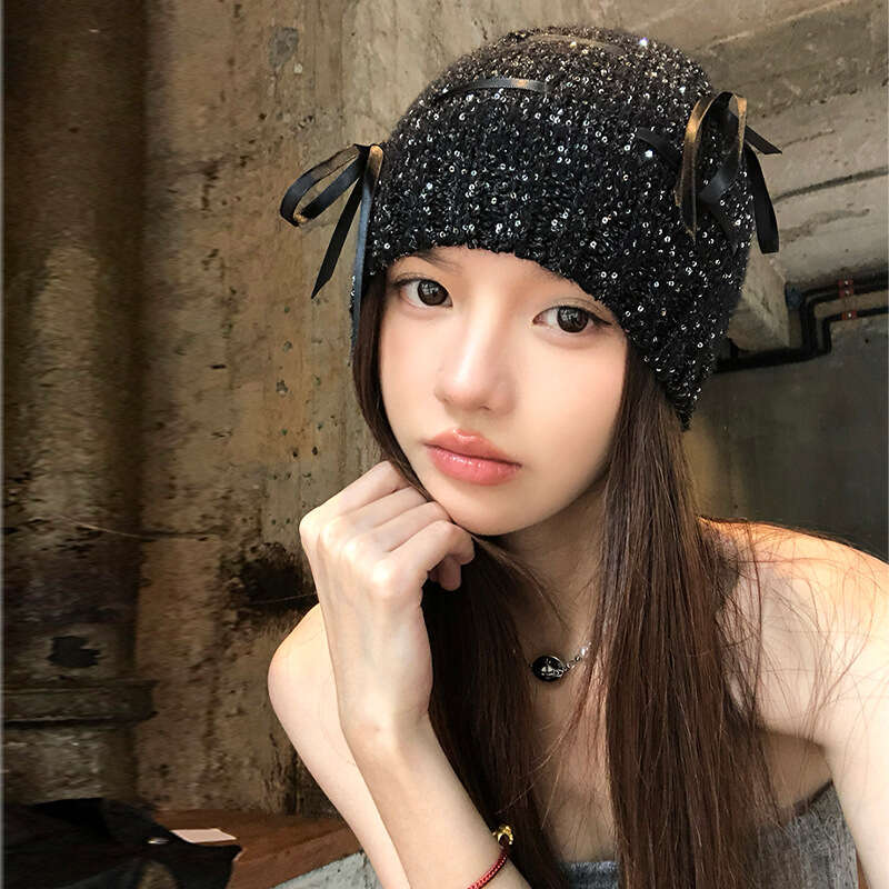 Zhao Lusi's same dark bow sequin knitted cold Korean version early autumn small fragrance style spicy girl headband hat