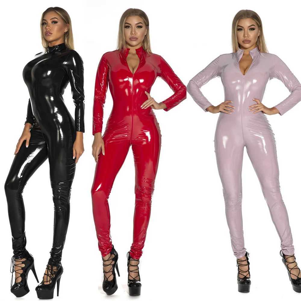Womens sexy shiny PU synthetic leather jumpsuit long Slve zipper open crotch bodysuit nightclub PVC latex wet appearance bodysuit S-5XL X250318