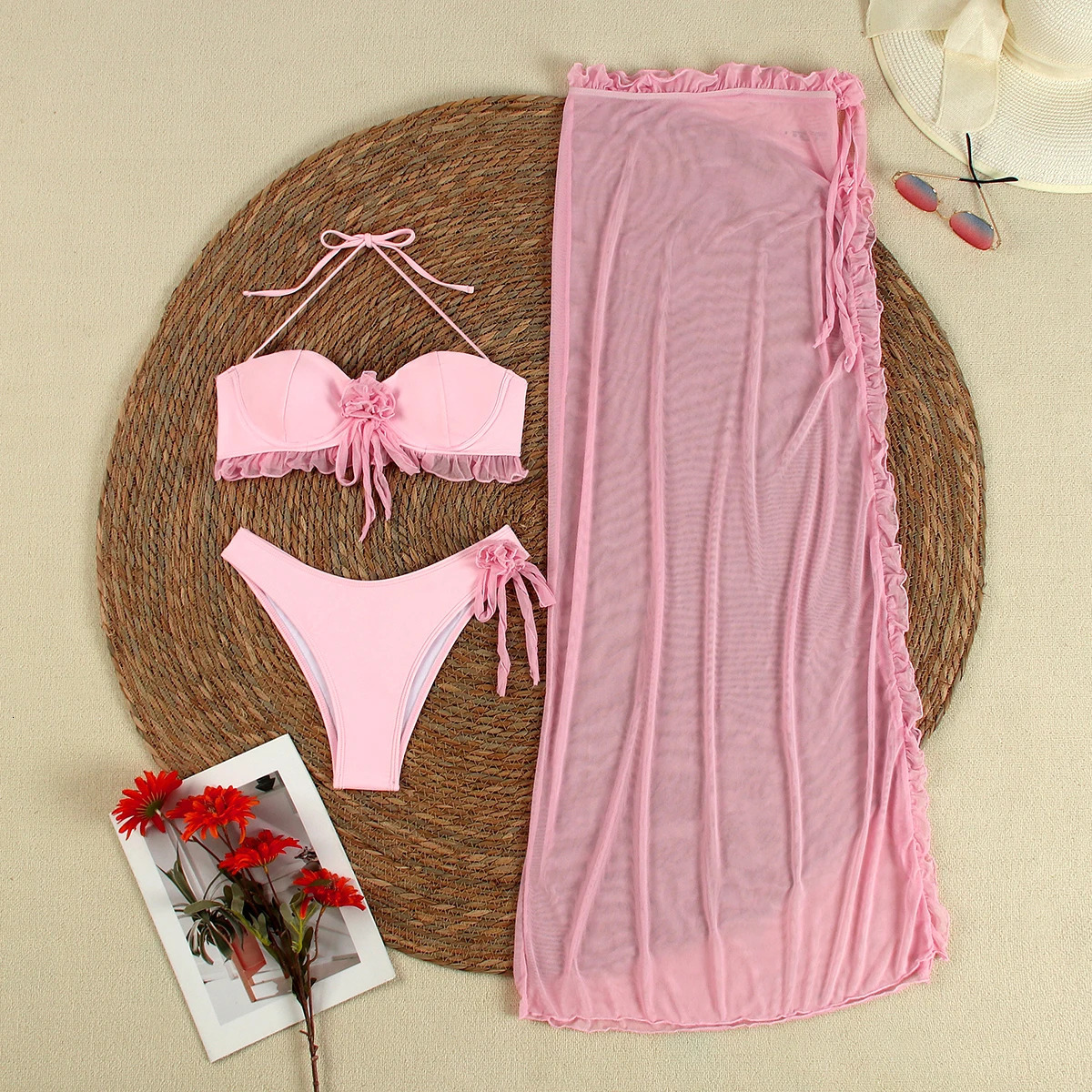 Sexy 3 pieces Bikinis Swimsuit For Women Swimwear Brazilian Bikini Set Biquini Female Swimuits Bandeau Pink Beachwear 250318