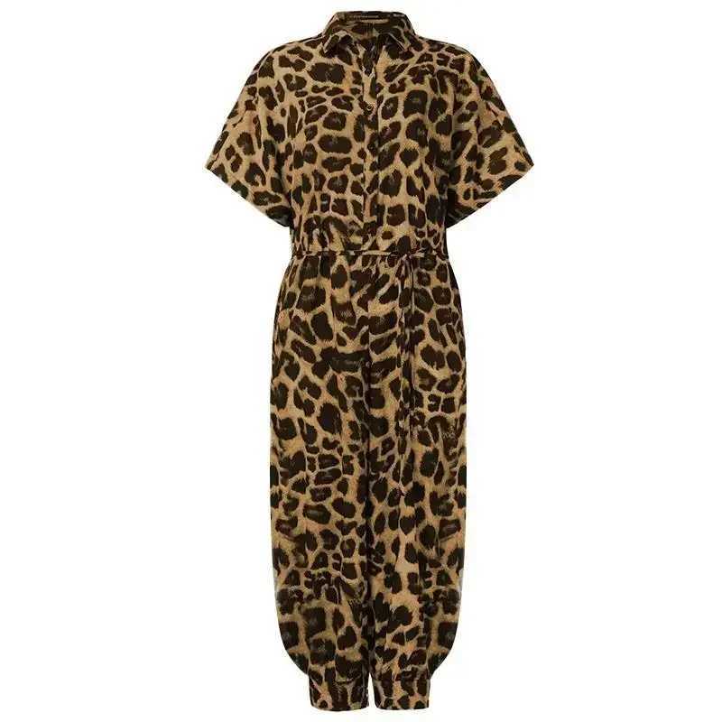 Summer Fashion V-Neck Button Lace-Up Jumpsuit Short Slve Loose Playsuit Overalls Women Elegant Leopard Print Pocket Rompers X2503181