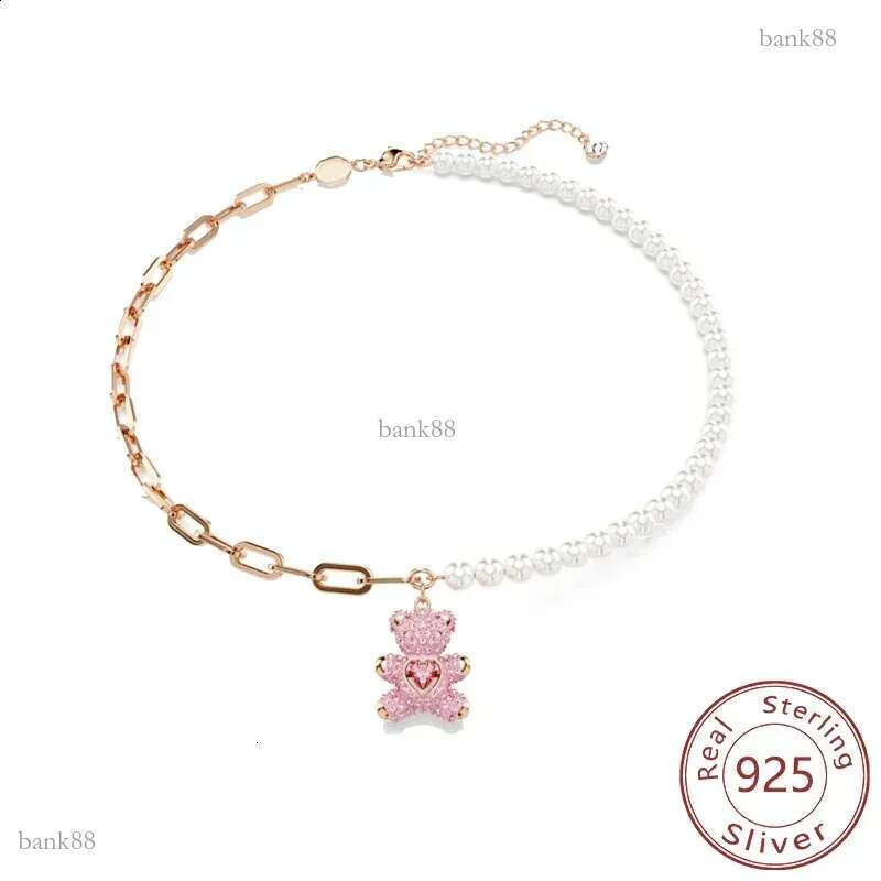 925 Silver Jumping Pink Teddy Bear Pendant Necklace 3D Full Diamond 241226